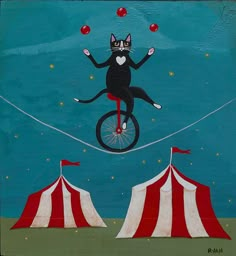 a painting of a cat riding a unicycle with two circus tents in the background