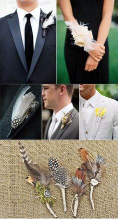 the collage shows different types of brooches and feathers on men's outfits