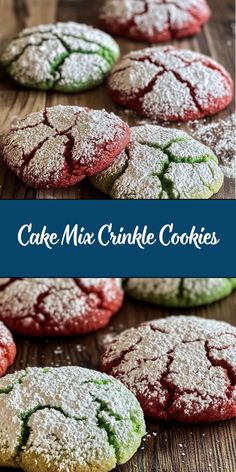 several cookies with powdered sugar on them and the words cake mix crinkle cookies