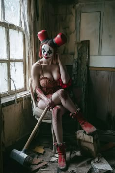 a woman with clown makeup sitting on a chair in an abandoned building holding a broom