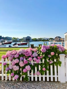 a white picket fence with pink flowers growing on it and some boats in the water