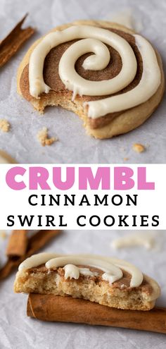 cinnamon swirl cookies with white frosting on top