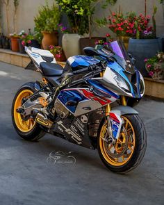 a motorcycle parked in front of some potted plants