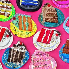 many different types of birthday cakes on plates