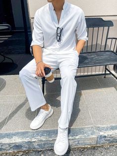 Hombres unicolor con botón Camisa & de cintura con cordón Pantalones Blanco Casual    Liso  Elástico Ligero  Men Clothing, size features are:Bust: ,Length: ,Sleeve Length: Man White Shirt Outfit, All White Fits For Men, White Guys Outfits, All White Outfit Men Casual, Men’s Birthday Outfit, Mens All White Outfit, Mens White Outfit, White Male Outfit, Shirt And Trousers Men Outfits