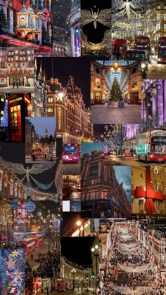 a collage of images with buildings and lights