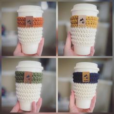 four pictures of coffee cups with different labels on the top and bottom one is crocheted