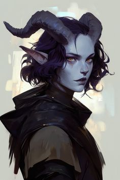 a drawing of a male elf with horns on his head and long hair, wearing black leather