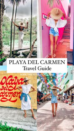 the playa del garmen travel guide is featured in this collage with images of women and palm trees