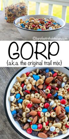 a bowl filled with cereal and nuts on top of a table next to another bowl full of cereal