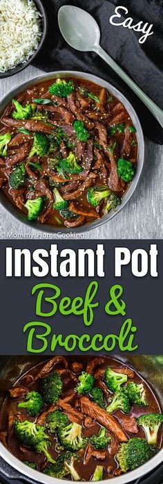 beef and broccoli stir frying in a skillet with the title instant pot beef and broccoli