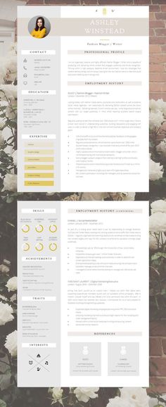 a resume template with flowers on the side and a brick wall in the back ground