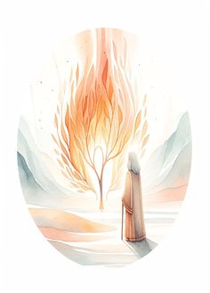 a painting of a person standing in front of a tree with fire coming out of it