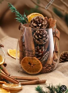 a glass filled with cinnamons and orange slices