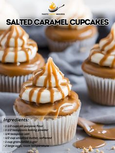 salted caramel cupcakes with chocolate frosting on top