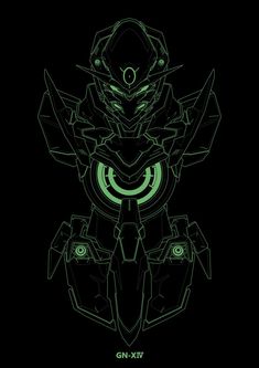 a green and black poster with an image of a robot in the middle of it