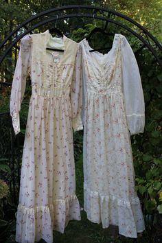 see our full inventory, cottagedivine.com Cottage Divine is downsizing our massive collection of original vintage prairie clothing, and we're pleased to offer this vintage 2 piece clothing lot for sale Beautiful lot of two vintage Gunne Sax prairie floral maxi dresses with nice autumnal vibes. Both would be considered size XS/S by modern standards. Ideal for resellers, to add to or start your vintage clothing store, for upcyling, costume or everyday wearThese are original vintage pieces, not fas Vintage Long Sleeve Prairie Dress For Daywear, 1970s Prairie Dress, Country Western Dresses, Vintage Long Sleeve Prairie Dress With Lace Trim, Vintage Prairie Dress With Lace Trim, 1970s Long Sleeve Prairie Dress, Floral Maxi Dresses, Vintage Clothing Store, Maxi Gown