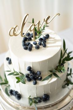 a white wedding cake with blueberries and greenery on top that says elope