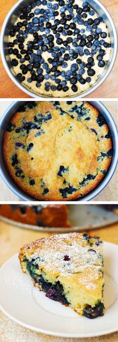 blueberry cobbler pie is shown in three different pans with one slice missing