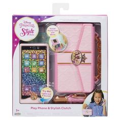 the princess style phone and stylish clutch set is in its box with accessories