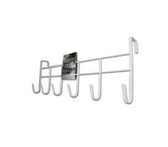 a white metal rack with three hooks on it