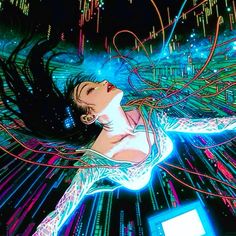 a woman with her hair flying through the air in front of colorful lights and lines