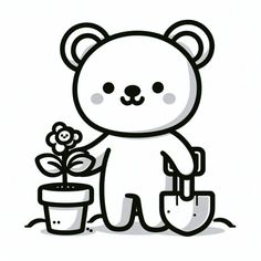 a black and white drawing of a teddy bear holding a potted plant with a flower in it