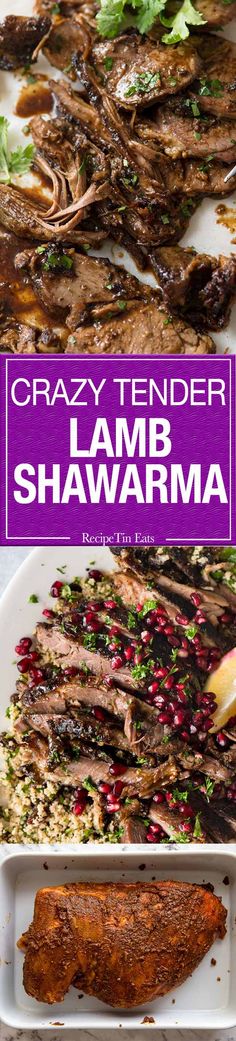 the cover of crazy tender lamb shawarma is shown on a white plate with purple lettering