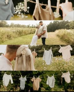 two people standing next to each other in front of clothes hanging on a line with flowers