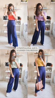 Blue Pantalon Outfit, Blue Flare Pants Outfit, How To Style Blue Pants, Blue Palazzo Pants Outfit, Dark Blue Wide Leg Pants, Dark Blue Pants Outfit, Flowy Pants Outfit, Blue Pants Outfit, Blue Wide Leg Pants