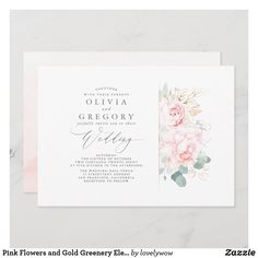 an elegant wedding card with pink flowers and greenery