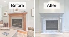 before and after pictures of a fireplace in a living room with white paint on the walls