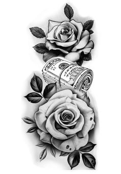 two roses and a roll of money are shown in this black and white tattoo design