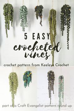 five easy crocheted vines are hanging from the ceiling, and there is text overlay that says 5 easy crocheted vines