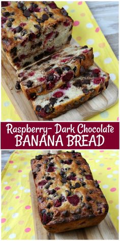 raspberry - dark chocolate banana bread on a cutting board with text overlay