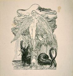 a drawing of an angel standing on top of a demon with two cats around it