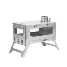 an outdoor stove with the door open and a pot on it's legs in front of a white background