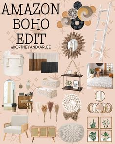 an advertisement for the amazon boho edit with furniture and accessories in pink, gold and white