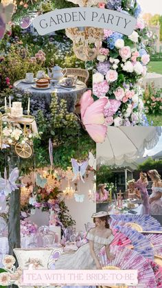 a collage of photos with flowers, umbrellas and people in the background at a garden party