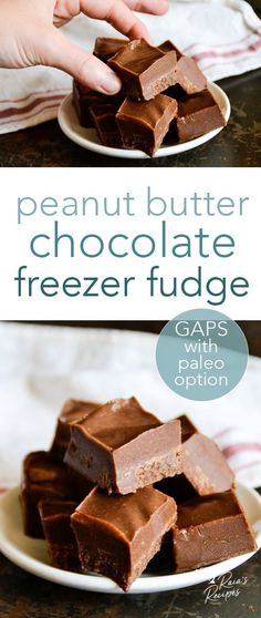 chocolate fudges are stacked on top of each other with the words, peanut butter chocolate freezer fudge