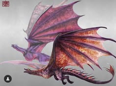 a purple dragon flying through the air with it's wings spread out and eyes closed