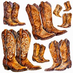 several pairs of cowboy boots are shown in this drawing