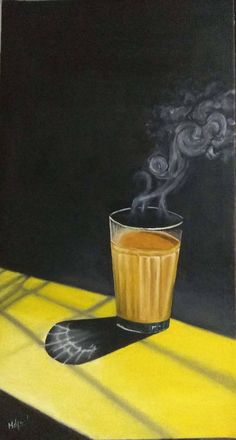 a painting of a glass with steam coming out of it on a yellow countertop