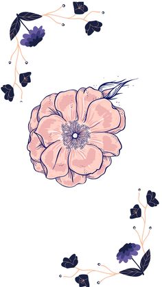 a pink flower on a white background with blue leaves and flowers in the bottom right corner