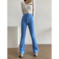 Casual Slim Elastic Blue  Bootcut Pants  Material: Cotton  Size: S, M, L Color: Blue  Season: Spring, Autumn, Winter   Occasion: Leisure, Outdoor, Daily, Vacation Blue Flare Pants In Elastane, Blue Flare Pants With Elastane, Casual Flare Bottoms With High Stretch, Casual Flare High Stretch Bottoms, Casual High-stretch Flare Bottoms, Trendy Blue Flare Pants, Light Blue Non-stretch Mid-rise Pants, Casual Straight Leg Pants With High Stretch, Casual Straight Leg High Stretch Pants