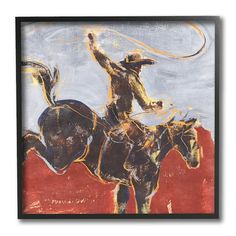 a painting of a man on a horse with a lasso in his hand and the sky behind him