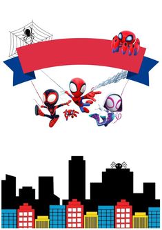 spider - man and his friends are hanging from the ceiling in front of a cityscape