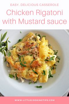 chicken rigatoni with mustard sauce on a white plate