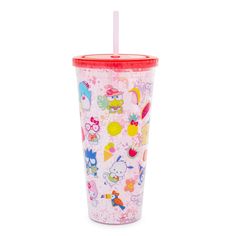 the hello kitty tumbler cup is pink and has many different designs on it, including cats