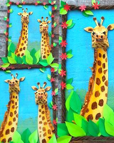 two pictures of giraffes in front of a blue wall with red flowers